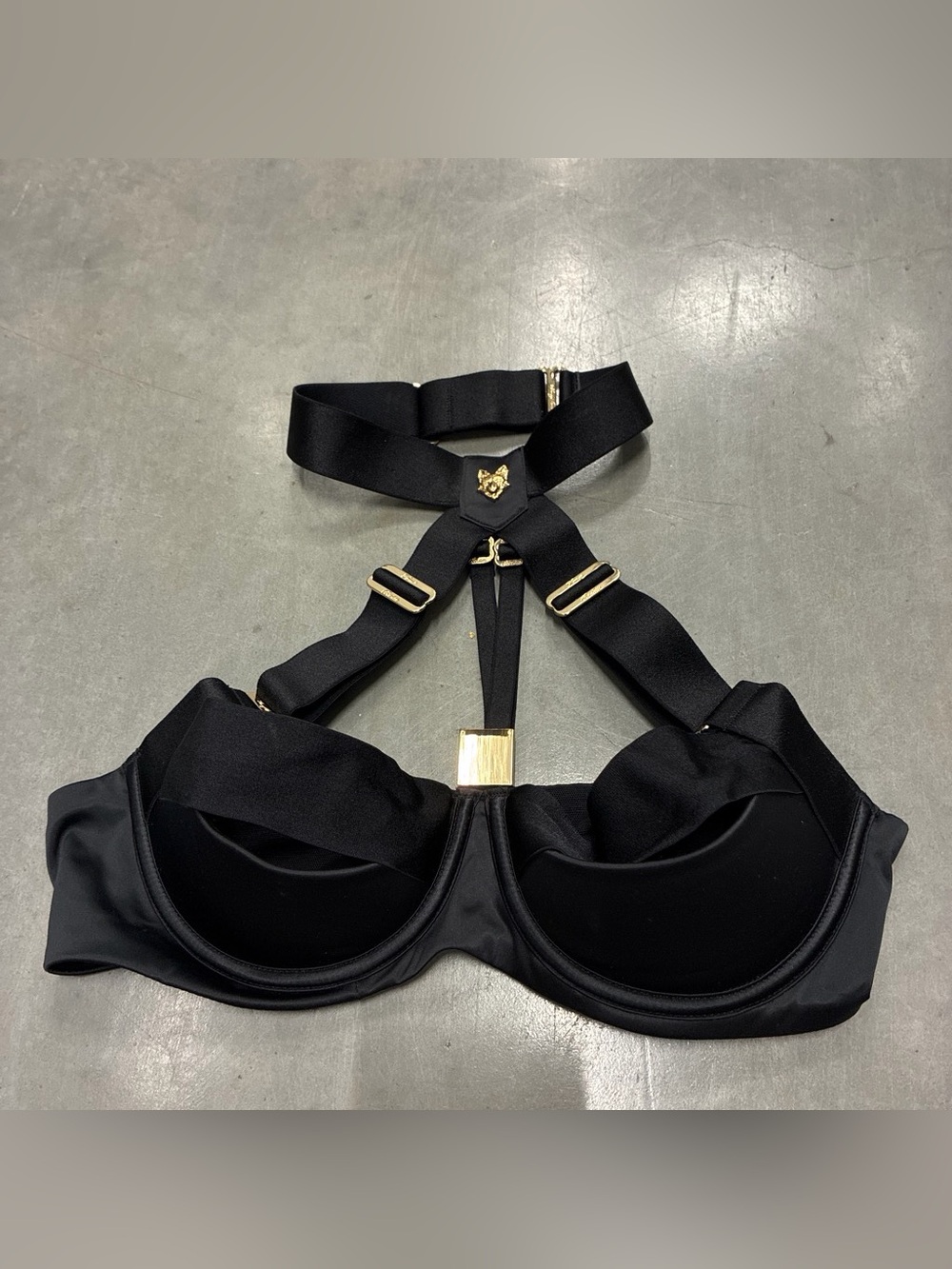 Honey Birdette Black Underwire Harness Bra with Gold Hardware